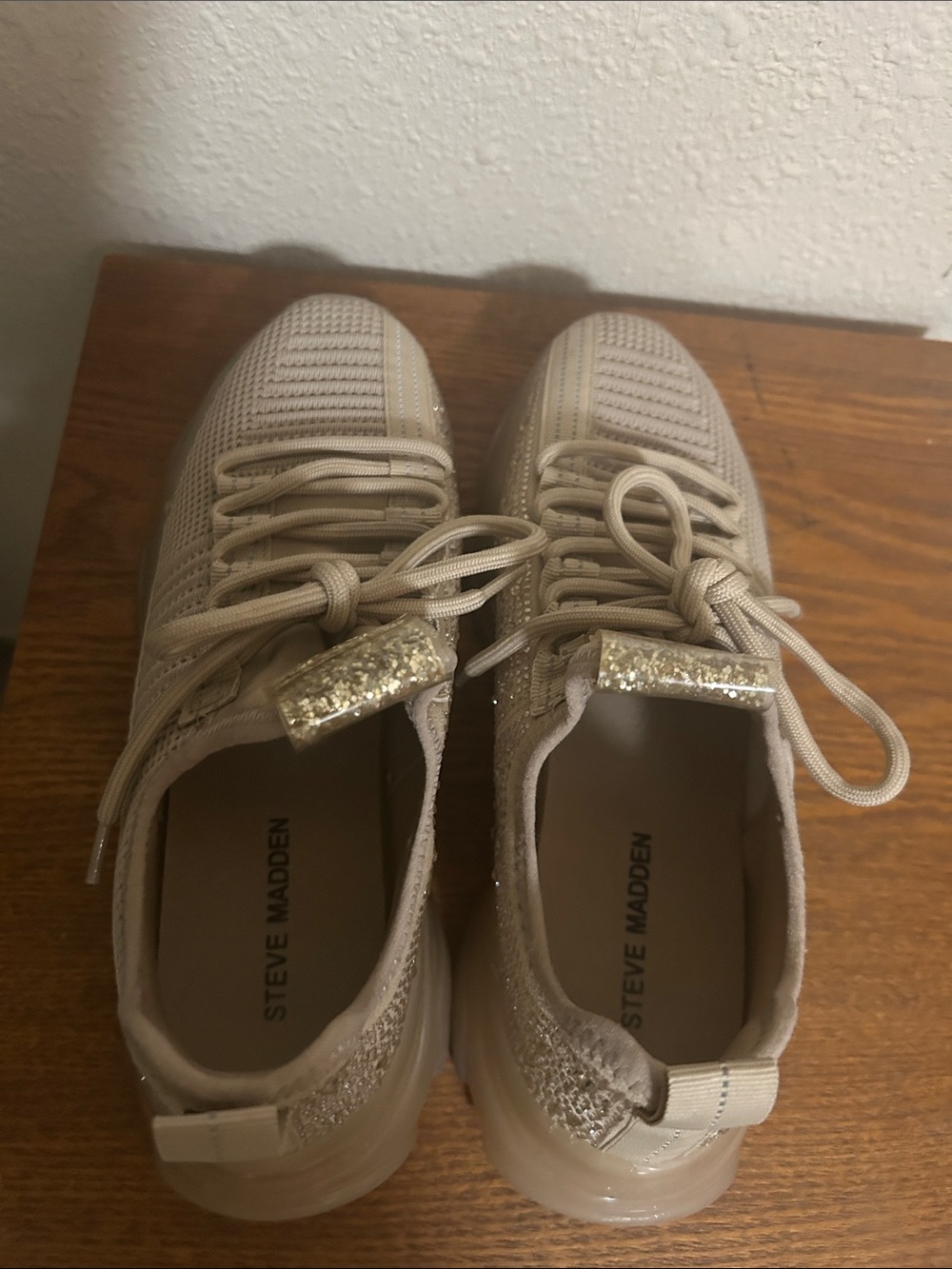 Steve Madden Taupe Knit Sneakers with Gold Glitter Tongue